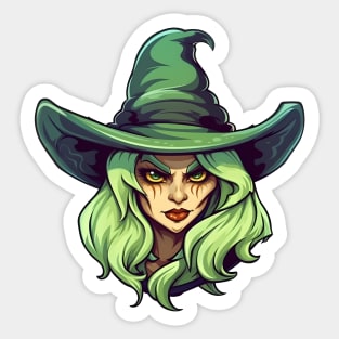 Green witch face with green hair and hat Sticker